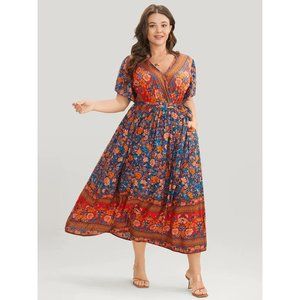 NWT Bloomchic Bandana Surplice Neck Belted Flutter Hem Maxi Dress Size 30 6X